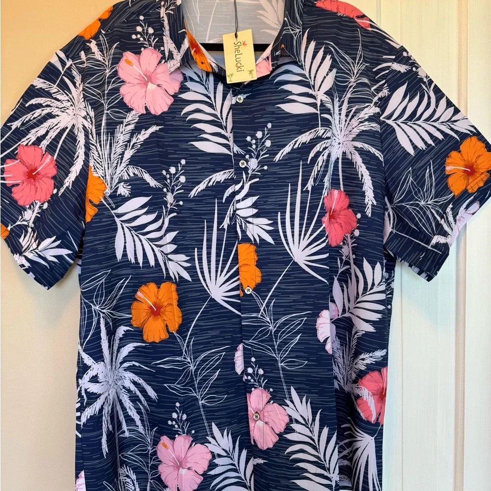 SheLucki Navy Floral Hawaiian Shirt NWT Size XXL
